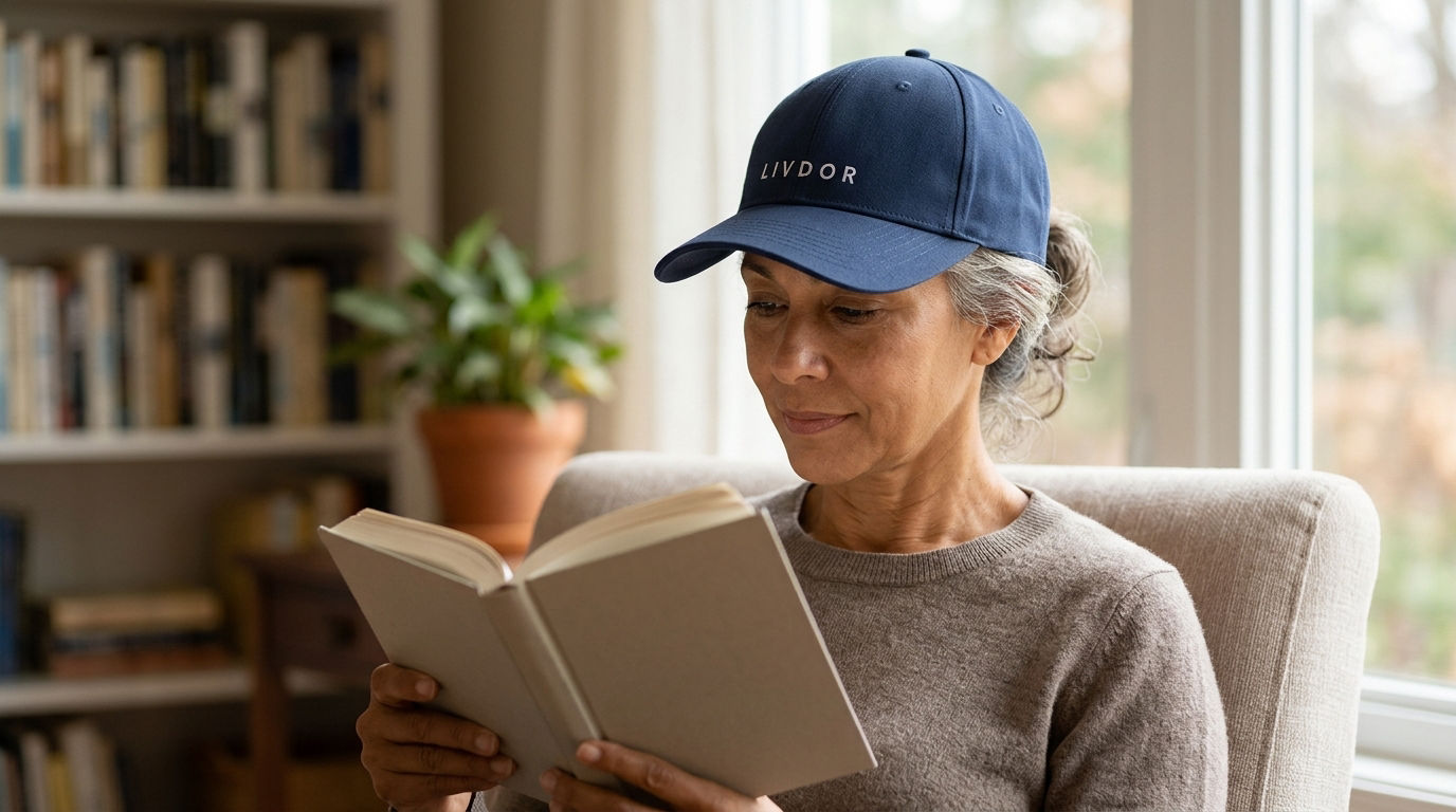 A woman in her fifties reads a book indoors while wearing a Livdor Laser Cap.