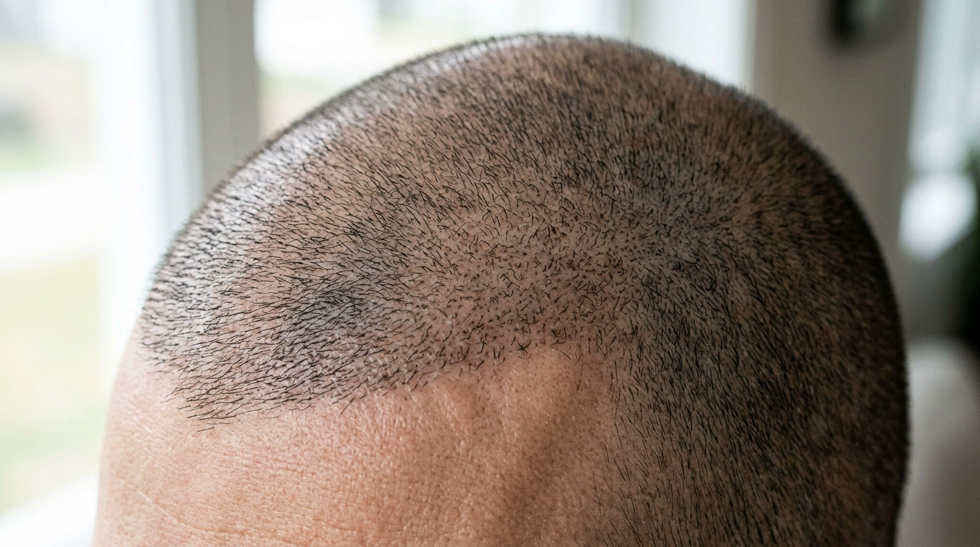 Extreme close up of a shaved scalp showing fine new hair growth in natural light.