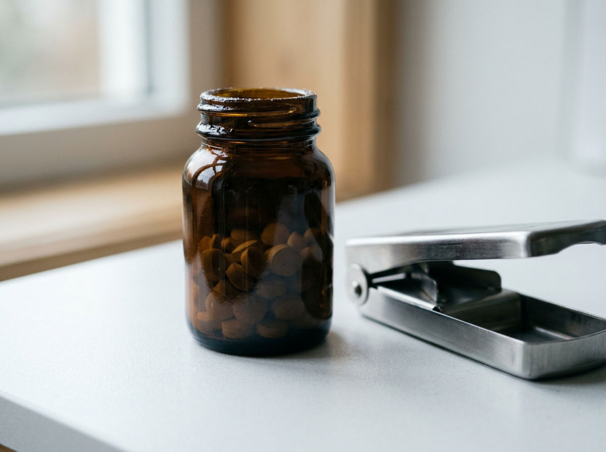 An amber glass pill bottle and pill cutter sit on a white countertop in soft window light.